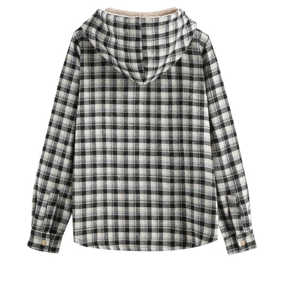 ZAFUL Women's Plaid Fleece Lined Hooded Jacket Button Up Oversized Flannel - Picture 2 of 6